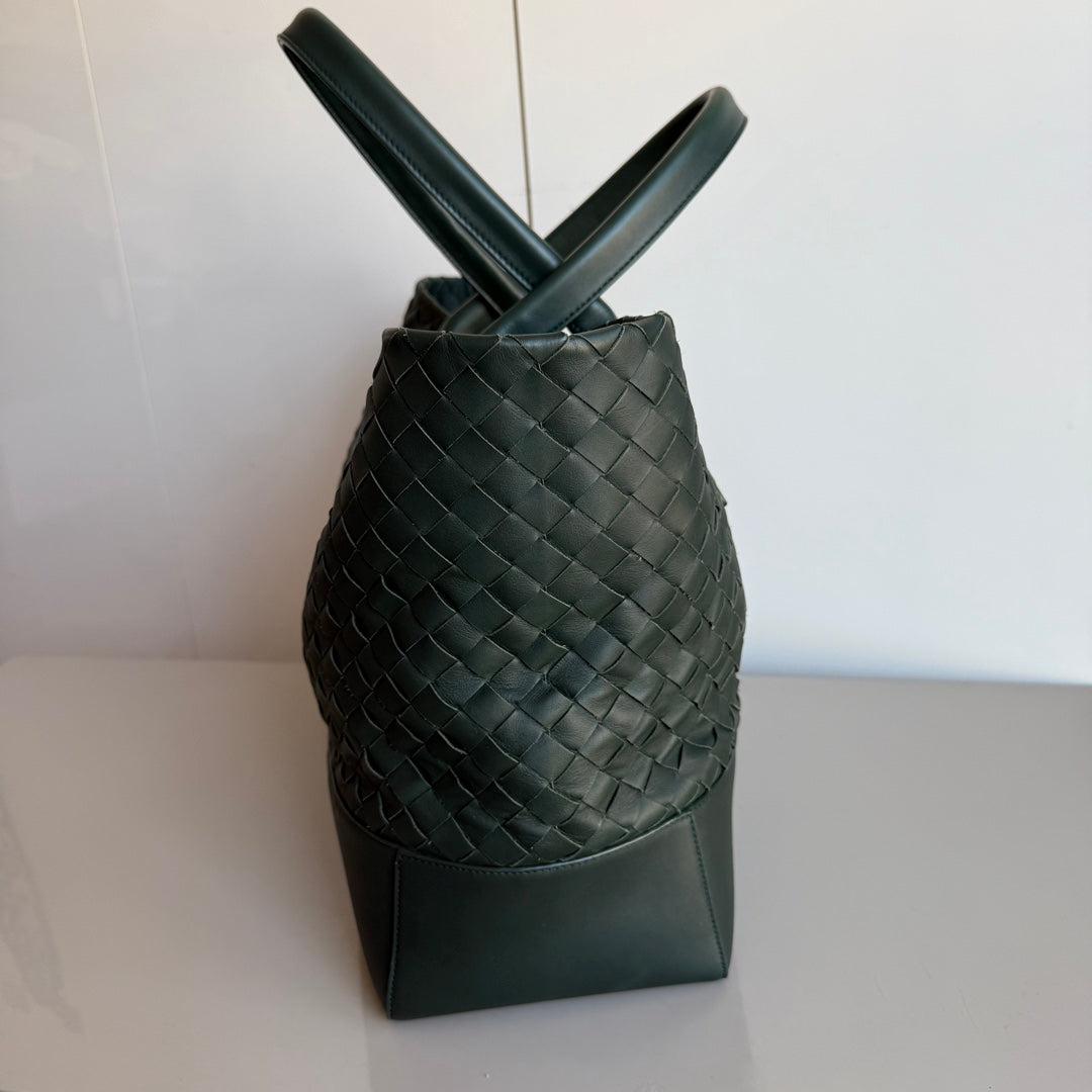 Women's Bottega Veneta New Cabat Medium Intreccio Leather Tote Bag Dark Forest Green For Sale
