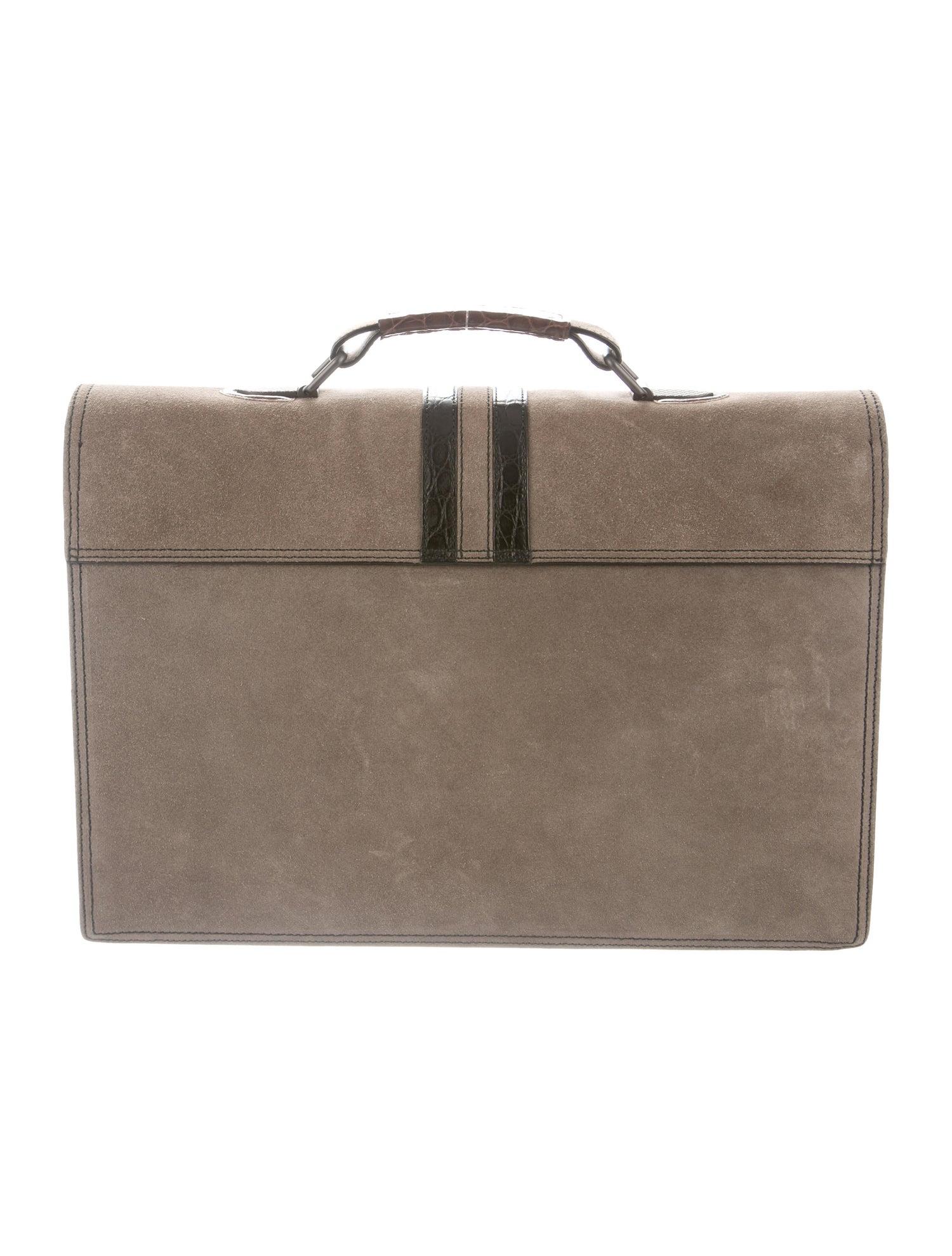 Gray Bottega Veneta NEW Tan Suede Crocodile Men's Women's Business Briefcase Bag