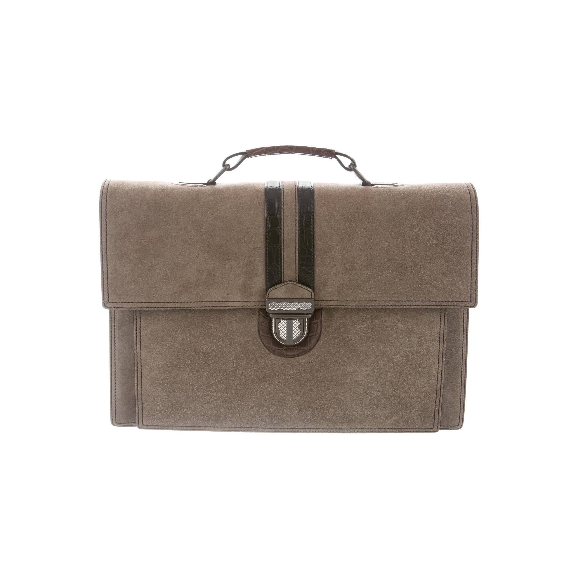Bottega Veneta NEW Tan Suede Crocodile Men's Women's Business Briefcase Bag For Sale