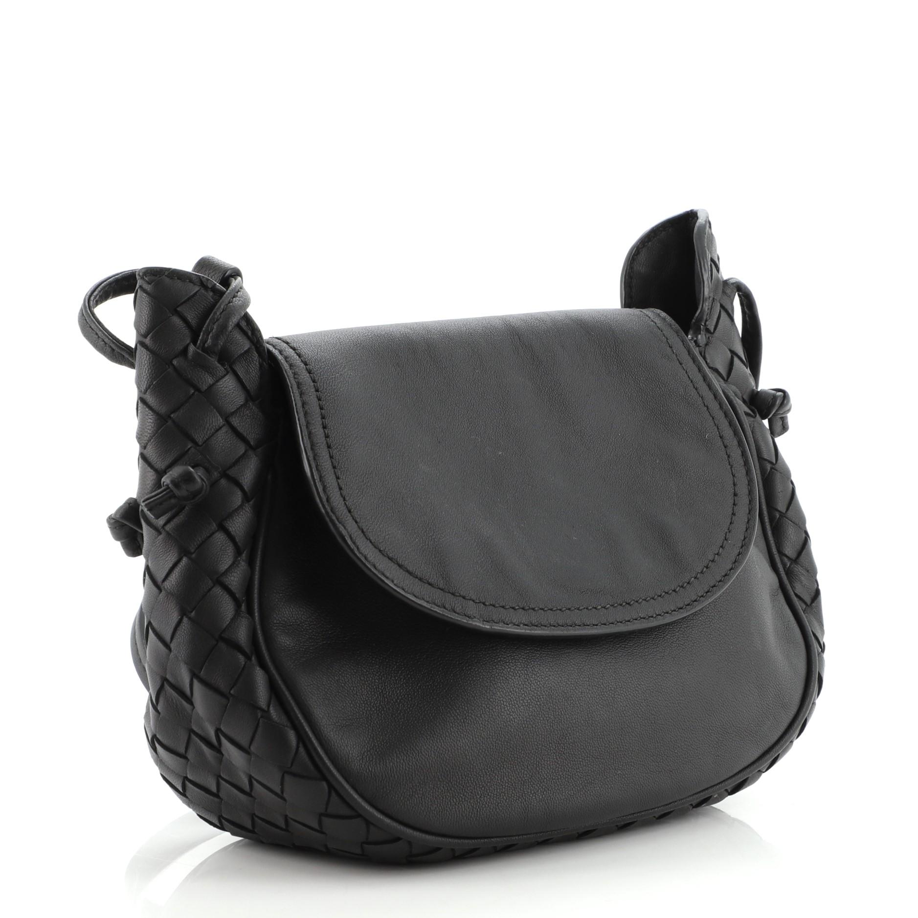 Black Bottega Veneta Nodini Flap Crossbody Bag Nappa with Intrecciato Detail Small
