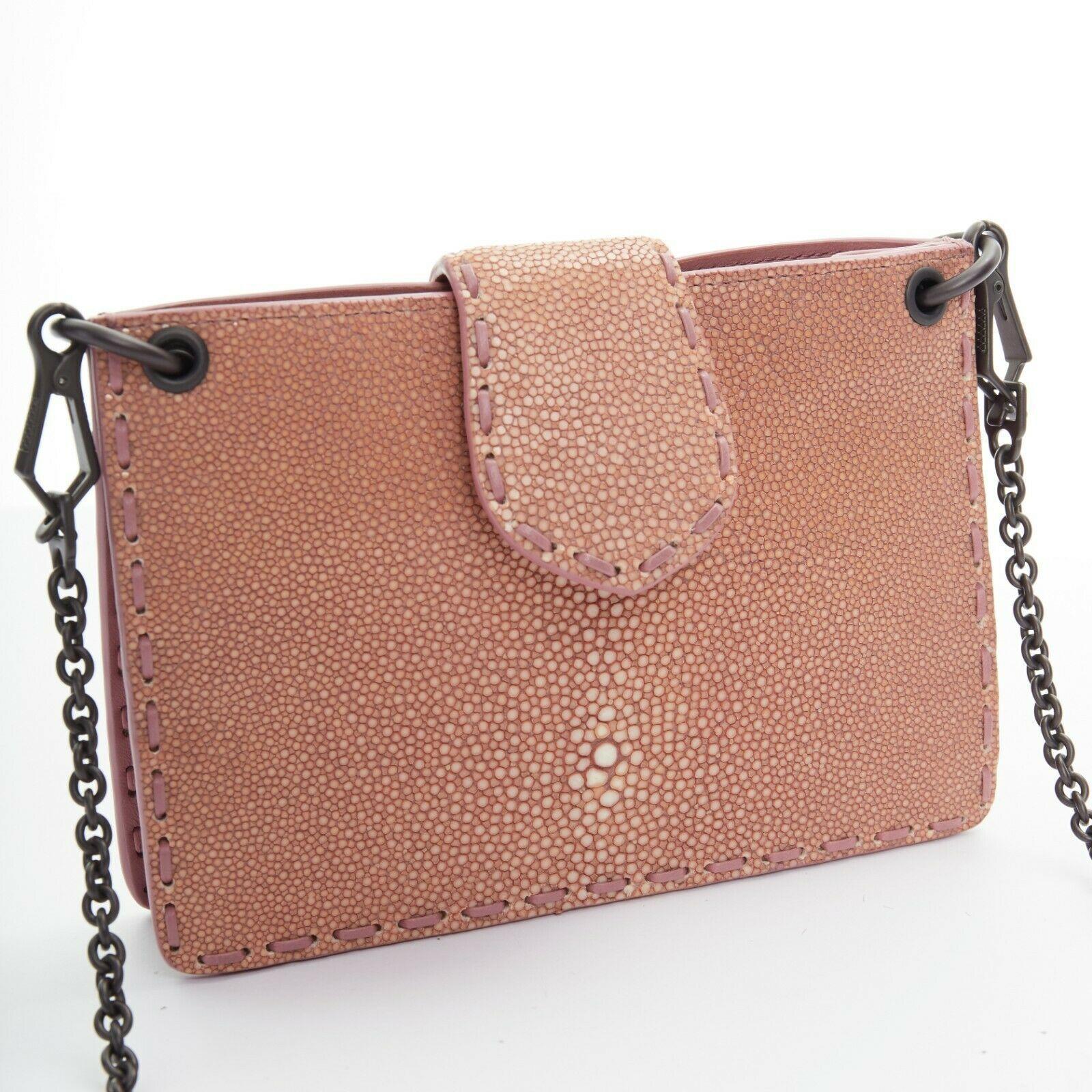 BOTTEGA VENETA nude blush sting ray leather button tab metal chain pouch bag In Excellent Condition In Hong Kong, NT