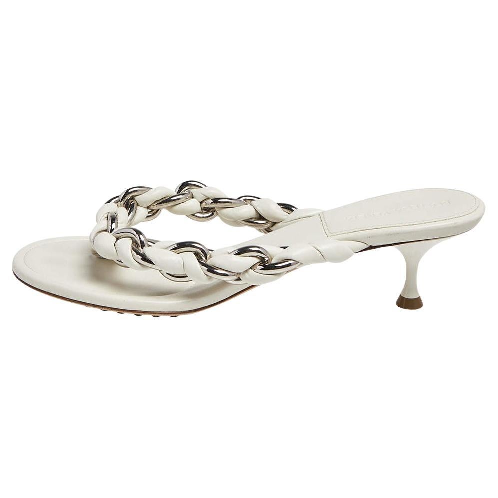 Bottega Veneta Off White Braided Leather & Chain Thong Sandals Size 39