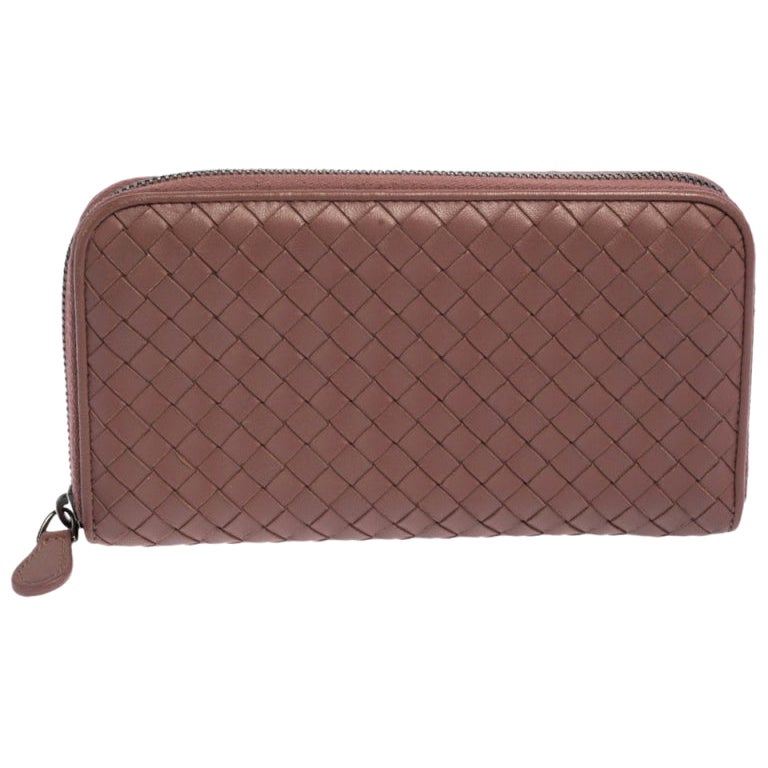 Bottega Veneta Old Rose Intrecciato Leather Zip Around Wallet