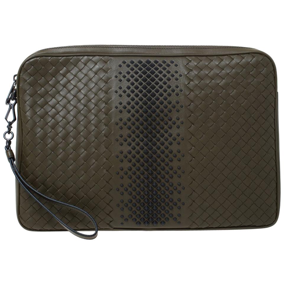 Bottega Veneta Olive Green Intrecciato Leather Laptop Case