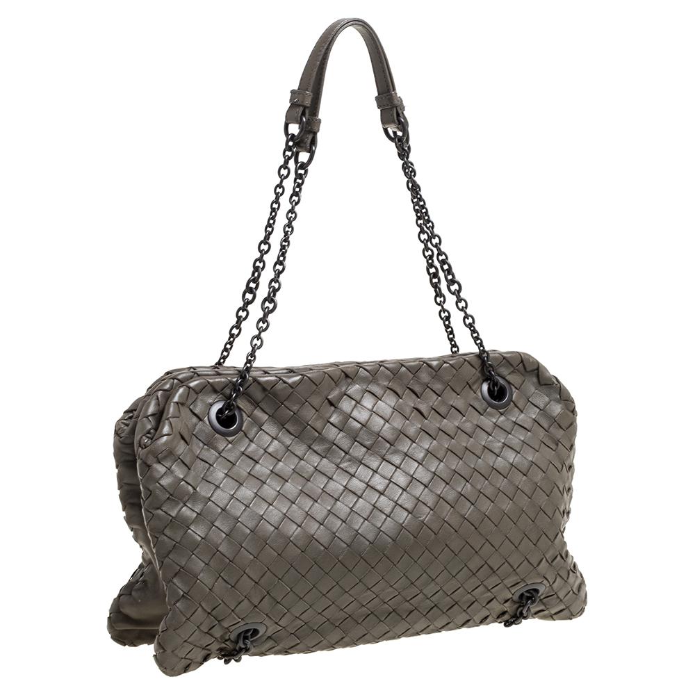 Gray Bottega Veneta Olive Green Intrecciato Nappa Leather Duo Shoulder Bag