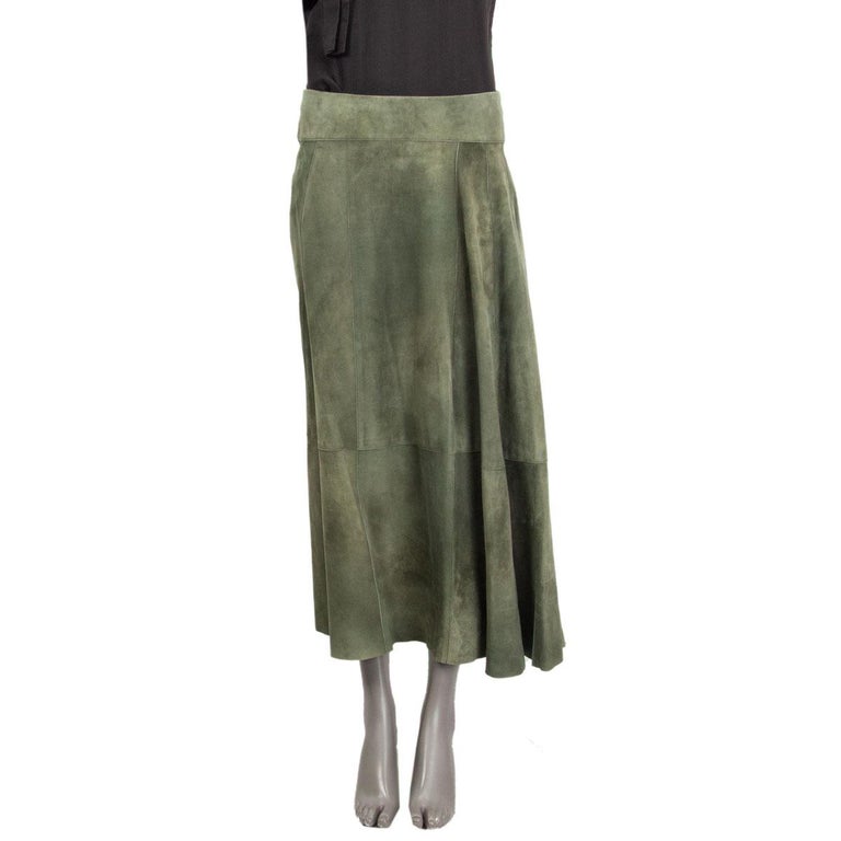 BOTTEGA VENETA olive green suede leather PANELED Midi Skirt 40 S at 1stDibs