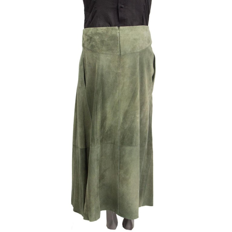 BOTTEGA VENETA olive green suede leather PANELED Midi Skirt 40 S at 1stDibs