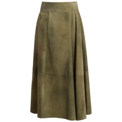 BOTTEGA VENETA olive green suede leather PANELED Midi Skirt 40 S