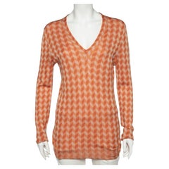 Bottega Veneta Orange Chevron Knit V-Neck Long Sleeve Sweater M