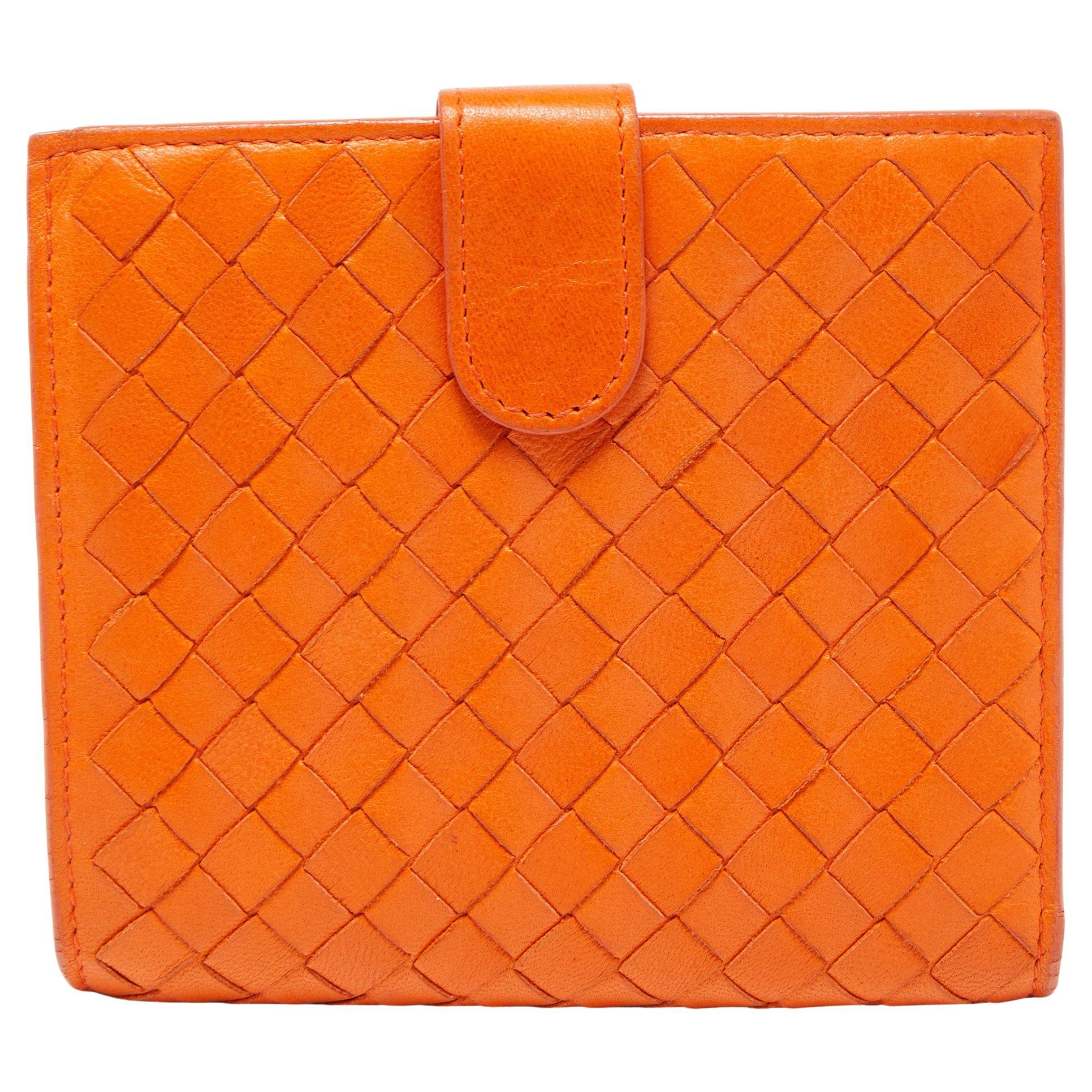 Bottega Veneta Orange Intrecciato Leather Bifold Zip Wallet For Sale