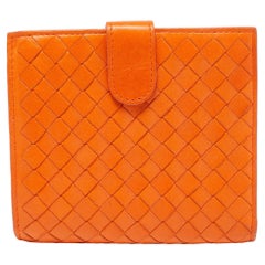 Used Bottega Veneta Orange Intrecciato Leather Bifold Zip Wallet