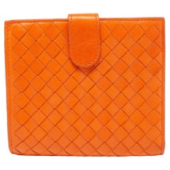 Bottega Veneta Orange Intrecciato Leather Bifold Zip Wallet