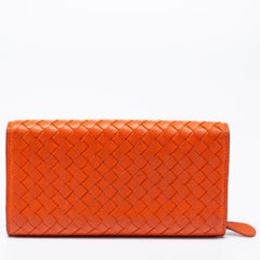 Bottega Veneta Orange Intrecciato Leather Flap Continental Wallet