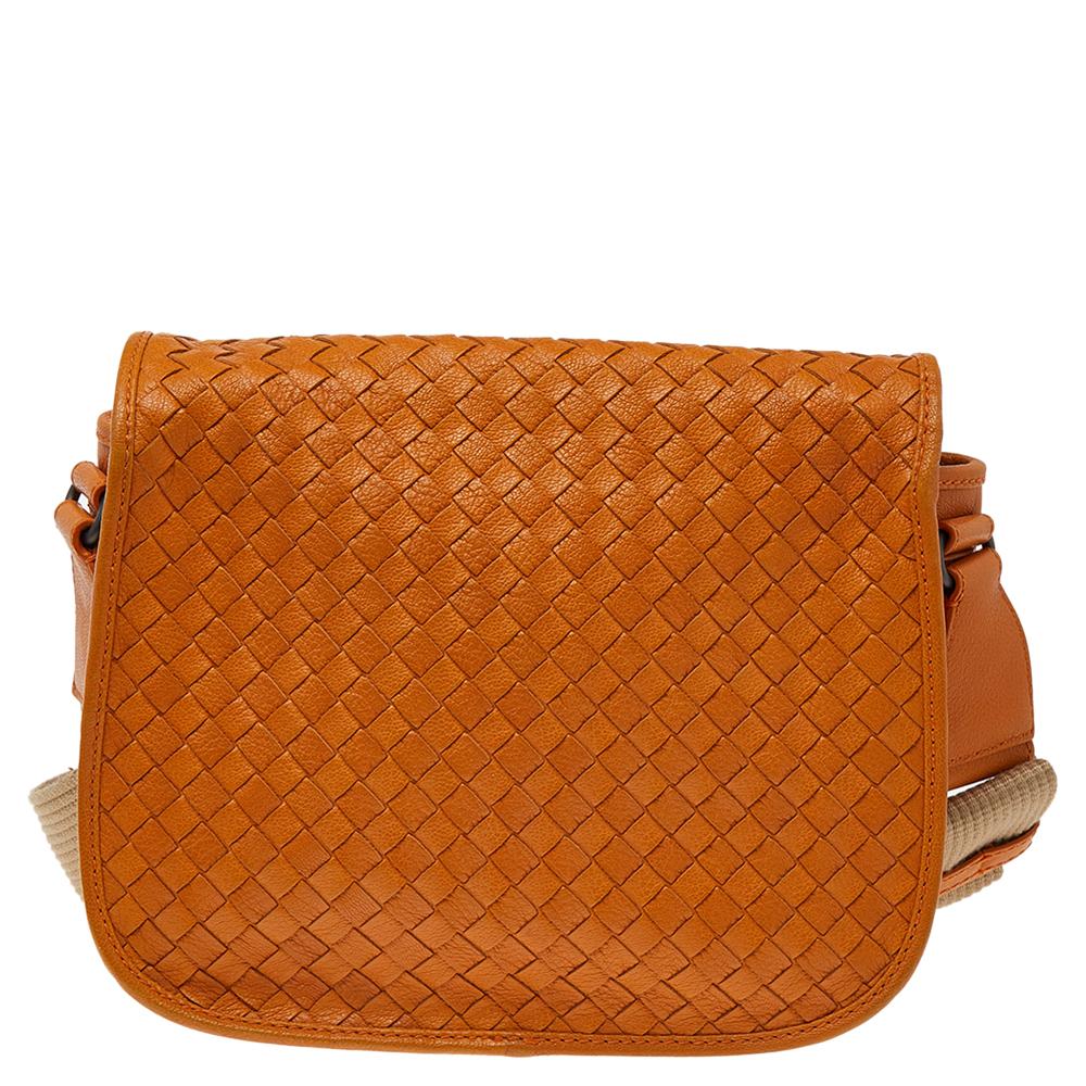 Women's Bottega Veneta Orange Intrecciato Leather Gardena Messenger Bag