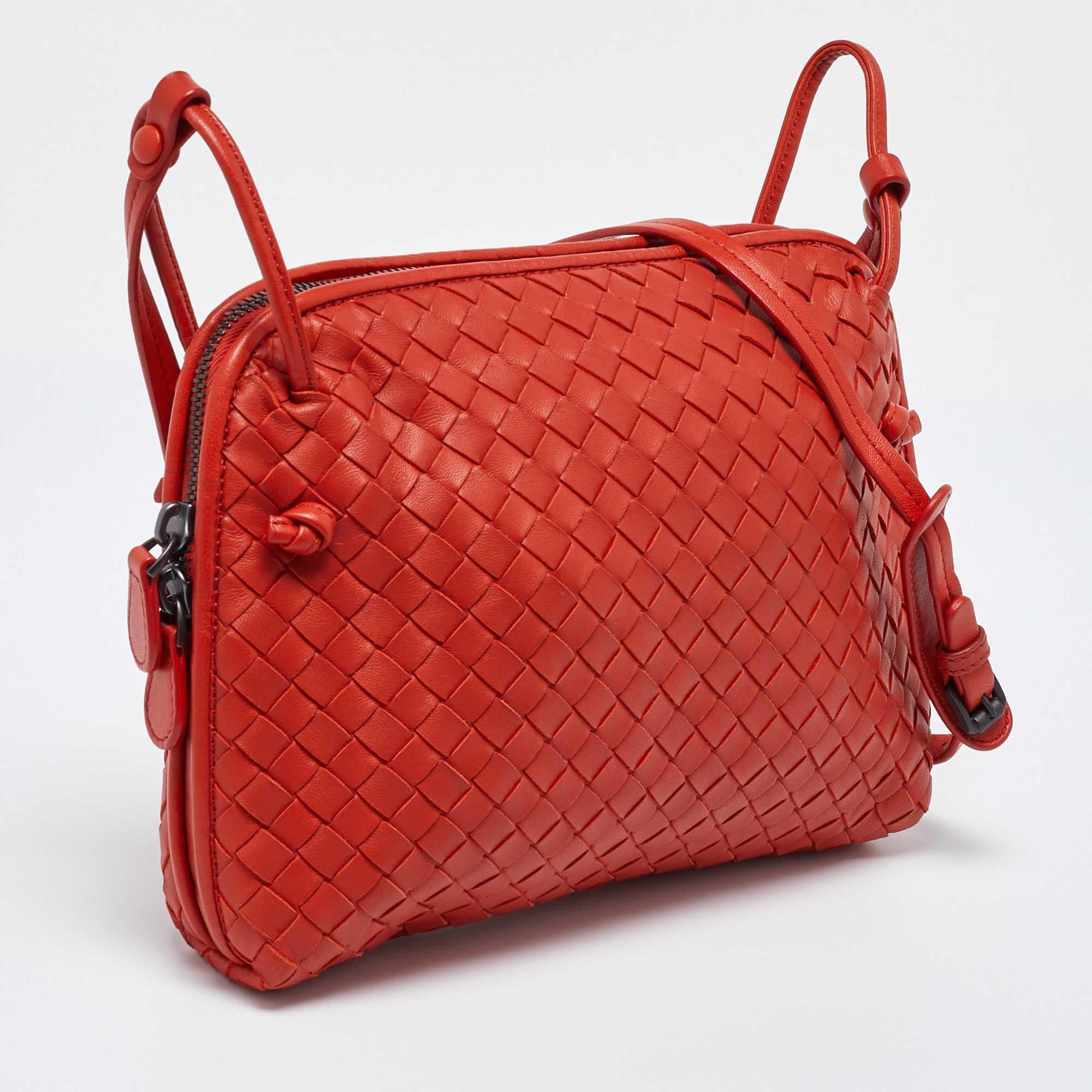 Red Bottega Veneta Orange Intrecciato Leather Nodini Crossbody Bag