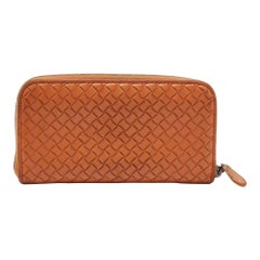 Bottega Veneta Orange Intrecciato Leather Zip Around Continental Wallet