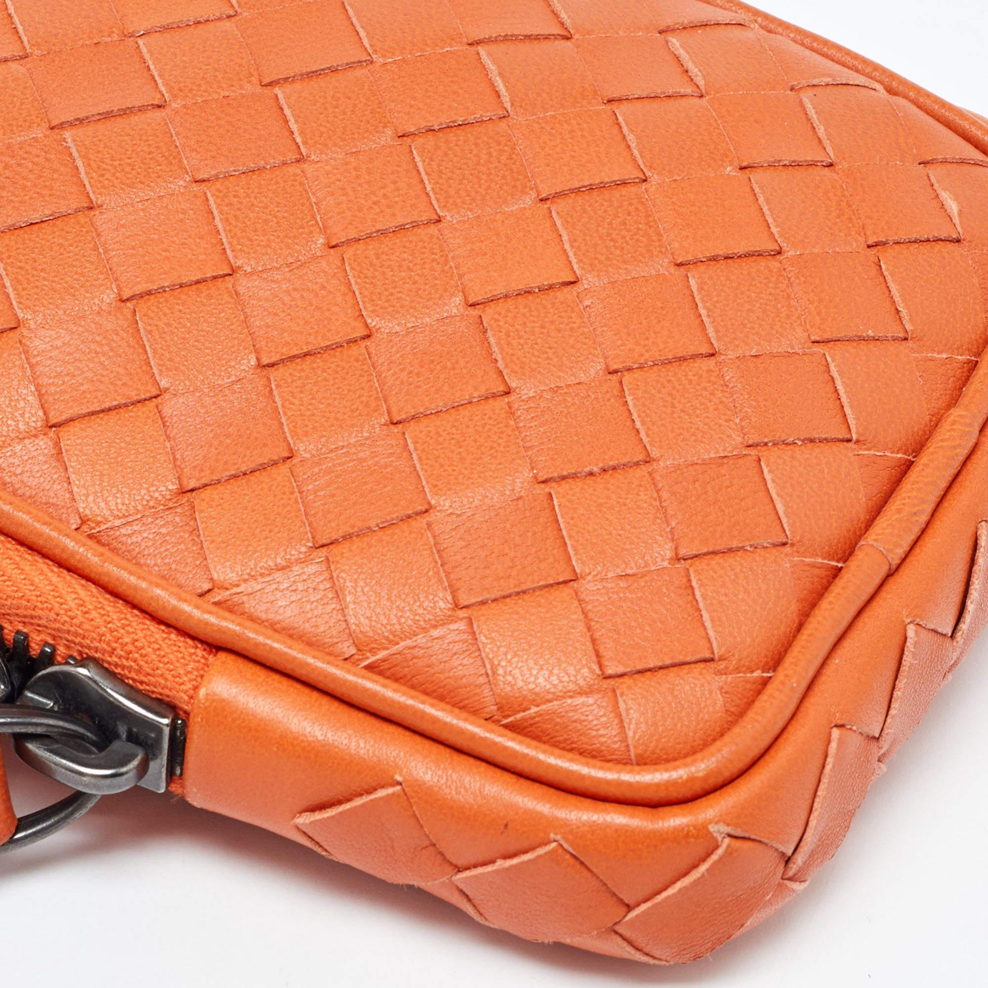Bottega Veneta Orange Intrecciato Leather Zip Strap Pouch 2