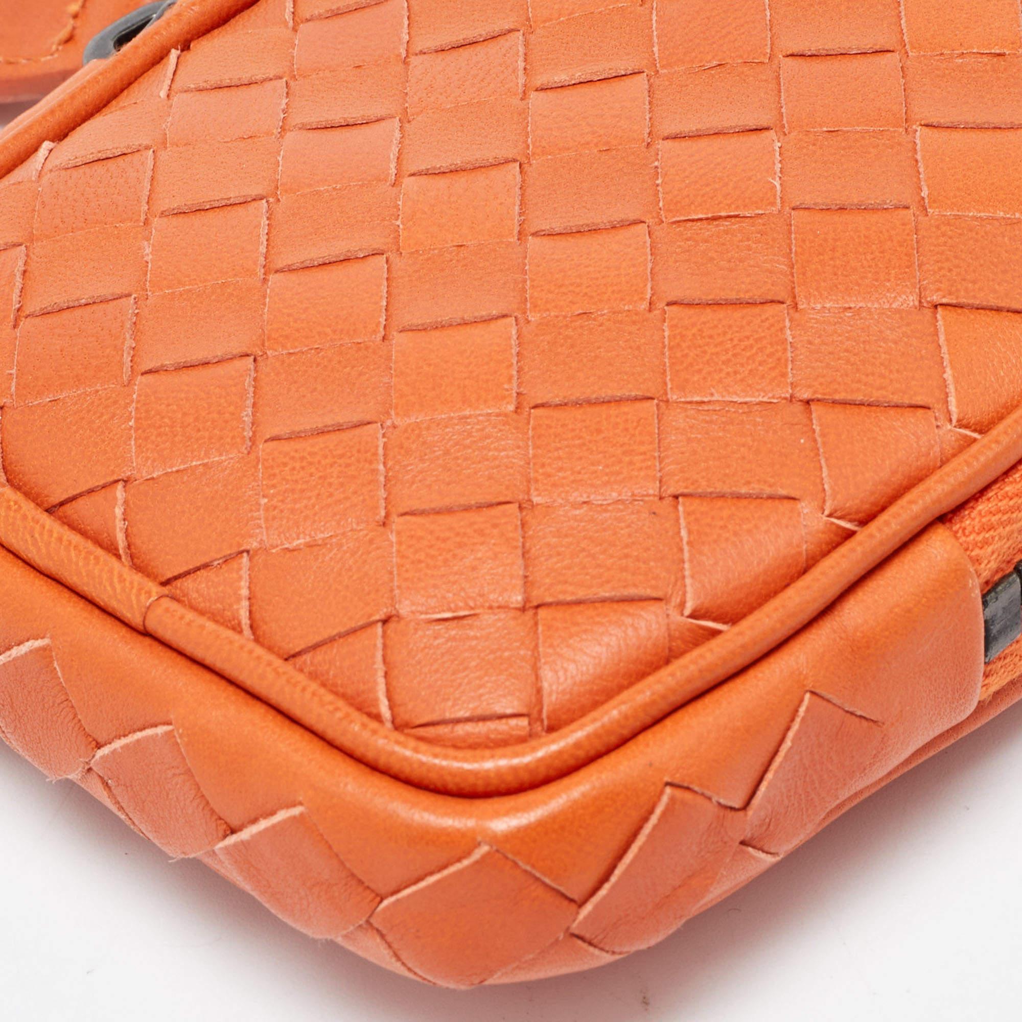 Bottega Veneta Orange Intrecciato Leather Zip Strap Pouch 3