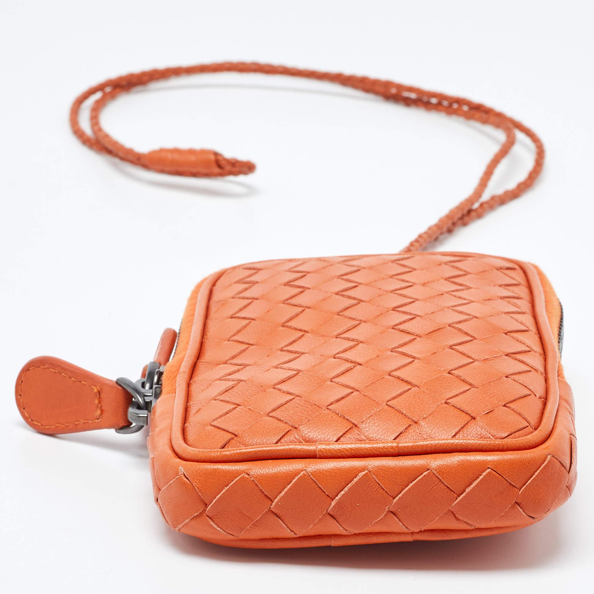 Bottega Veneta Orange Intrecciato Leather Zip Strap Pouch 4