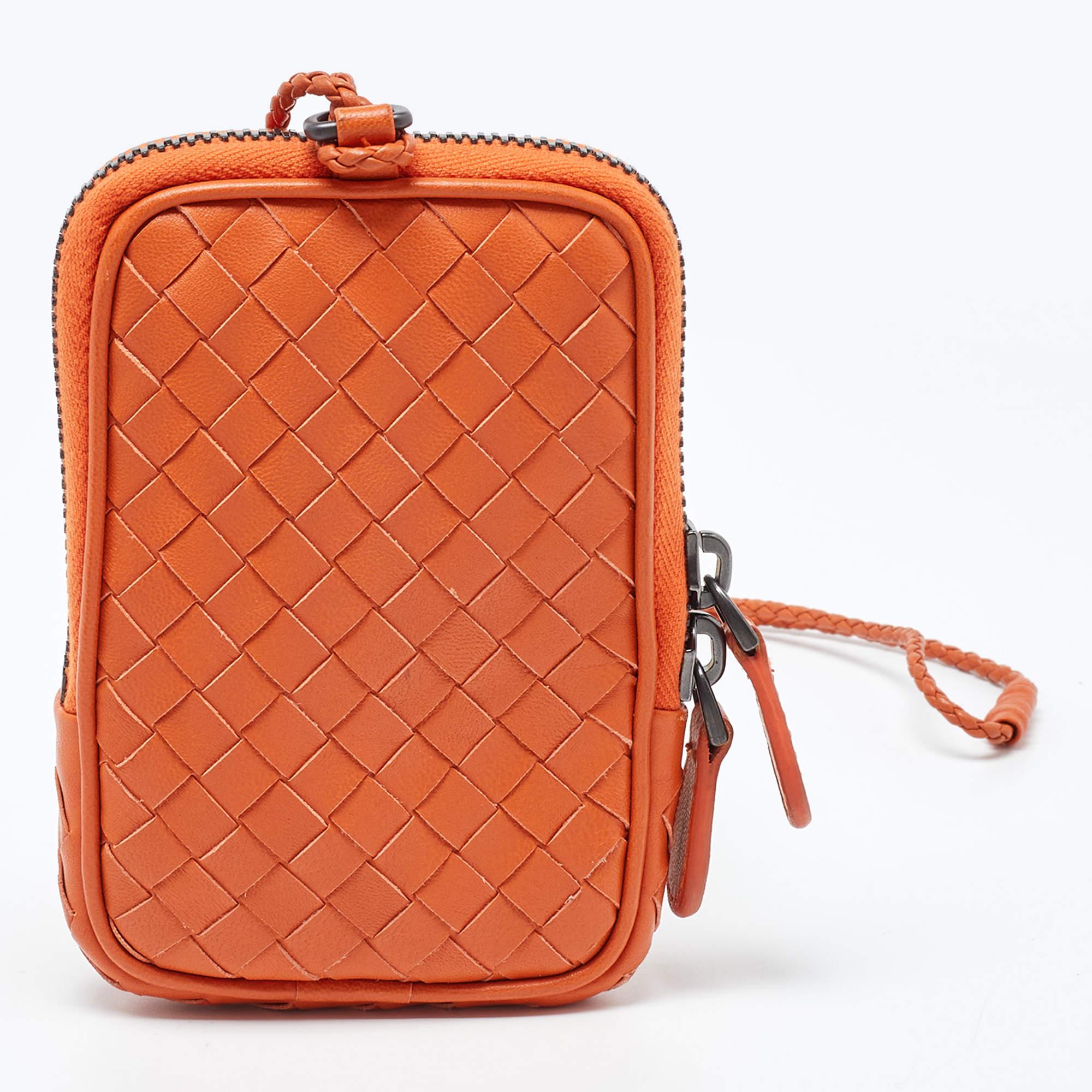 Bottega Veneta Orange Intrecciato Leather Zip Strap Pouch 5