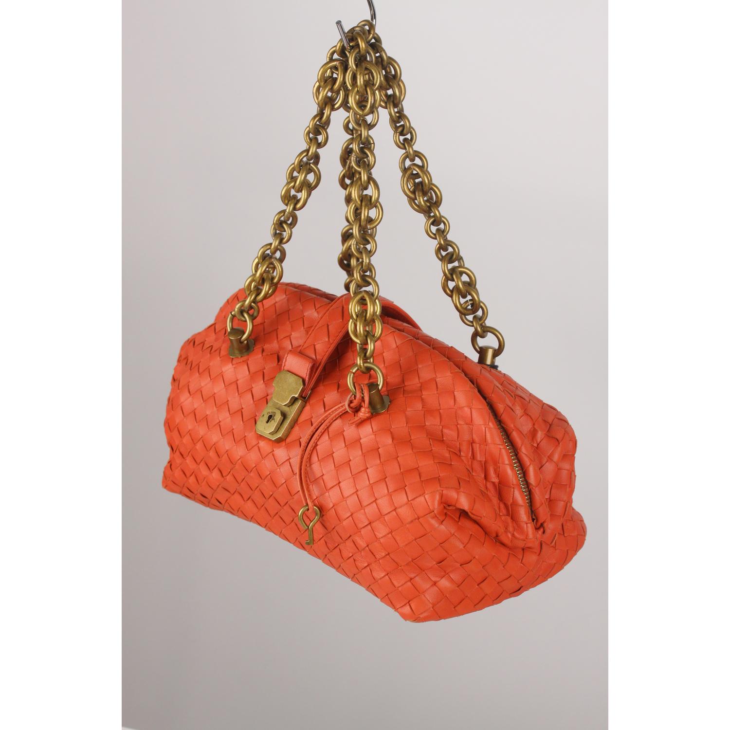 Women's Bottega Veneta Orange Intrecciato Woven Leather Bowling Bag