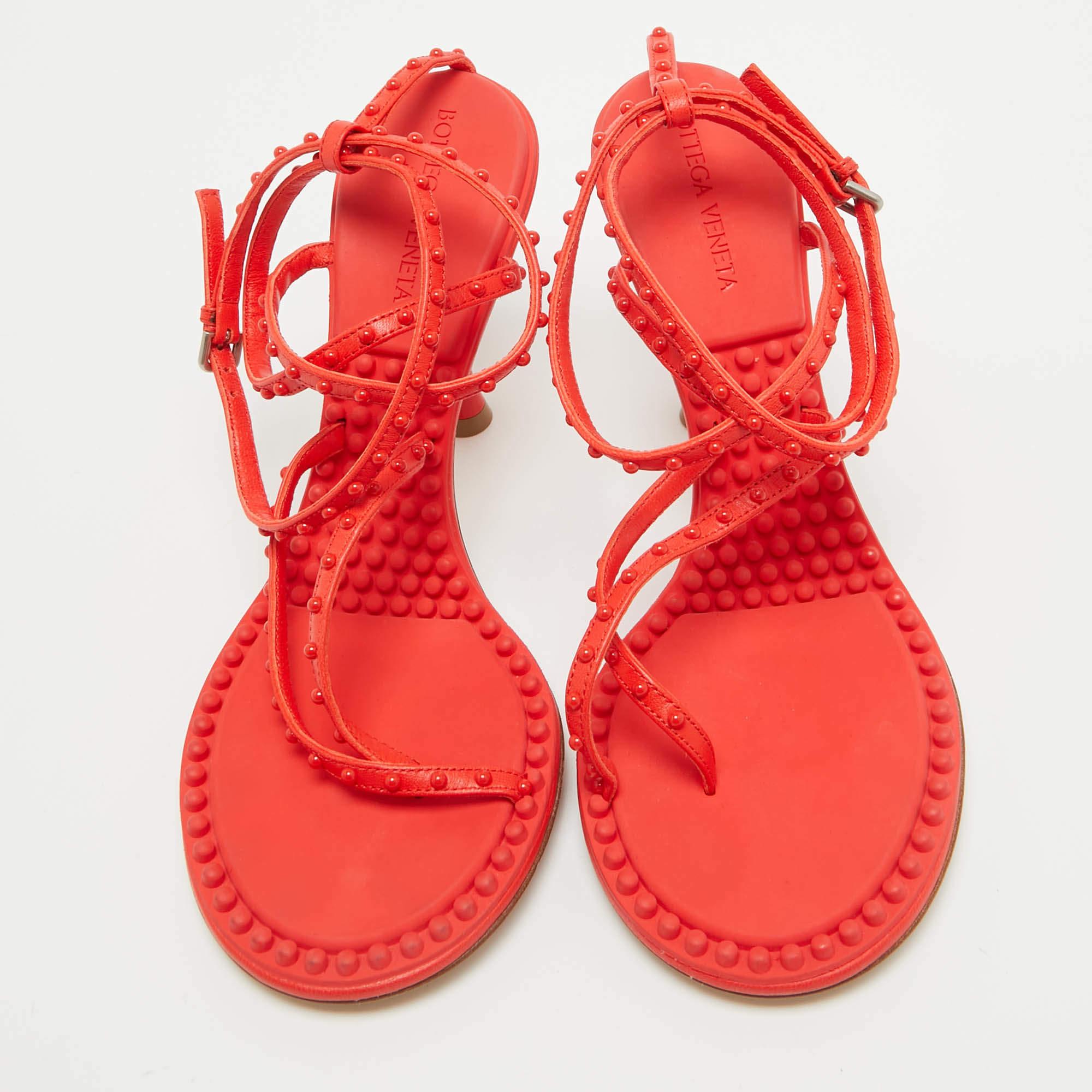 Red Bottega Veneta Orange Leather Ankle Strap Sandals Size 38