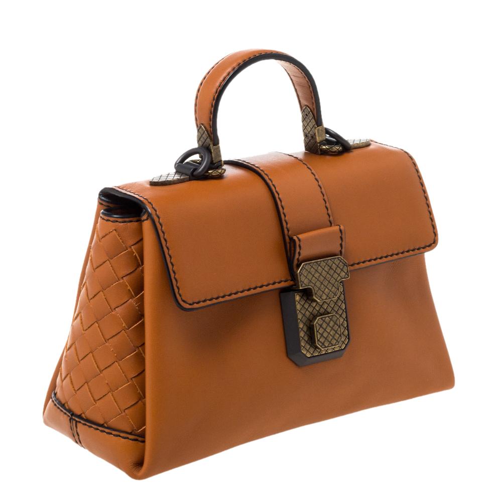 Women's Bottega Veneta Orange Leather Mini Piazza Top Handle Bag