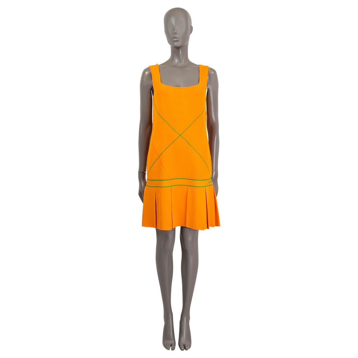 100% authentic Bottega Veneta sleeveless knit mini dress in orange and green viscose (76%), polyester (8%) and elastane (1%). Features square neck pleated at the hem and green fine stripes. Has been worn and is in excellent condition.

2022