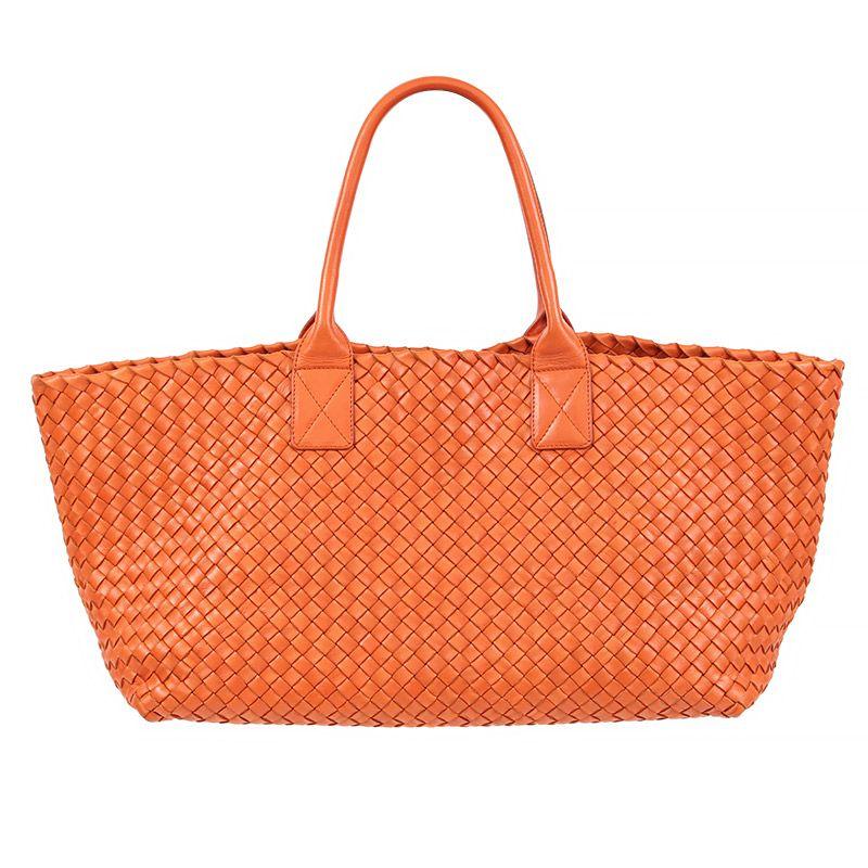Orange BOTTEGA VENETA orange woven leather SMALL CABAS Tote Shopper Bag