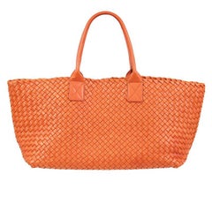 BOTTEGA VENETA orange woven leather SMALL CABAS Tote Shopper Bag