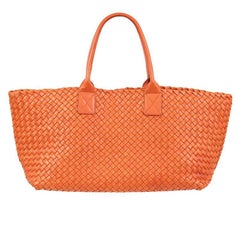 BOTTEGA VENETA orange woven leather SMALL CABAS Tote Shopper Bag