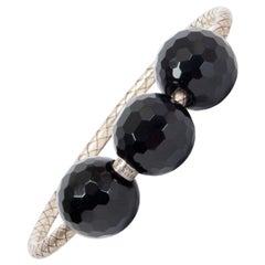 BOTTEGA VENETA oxidised sterling silver INTRECCIATO BLACK ONYX Bangle Bracelet