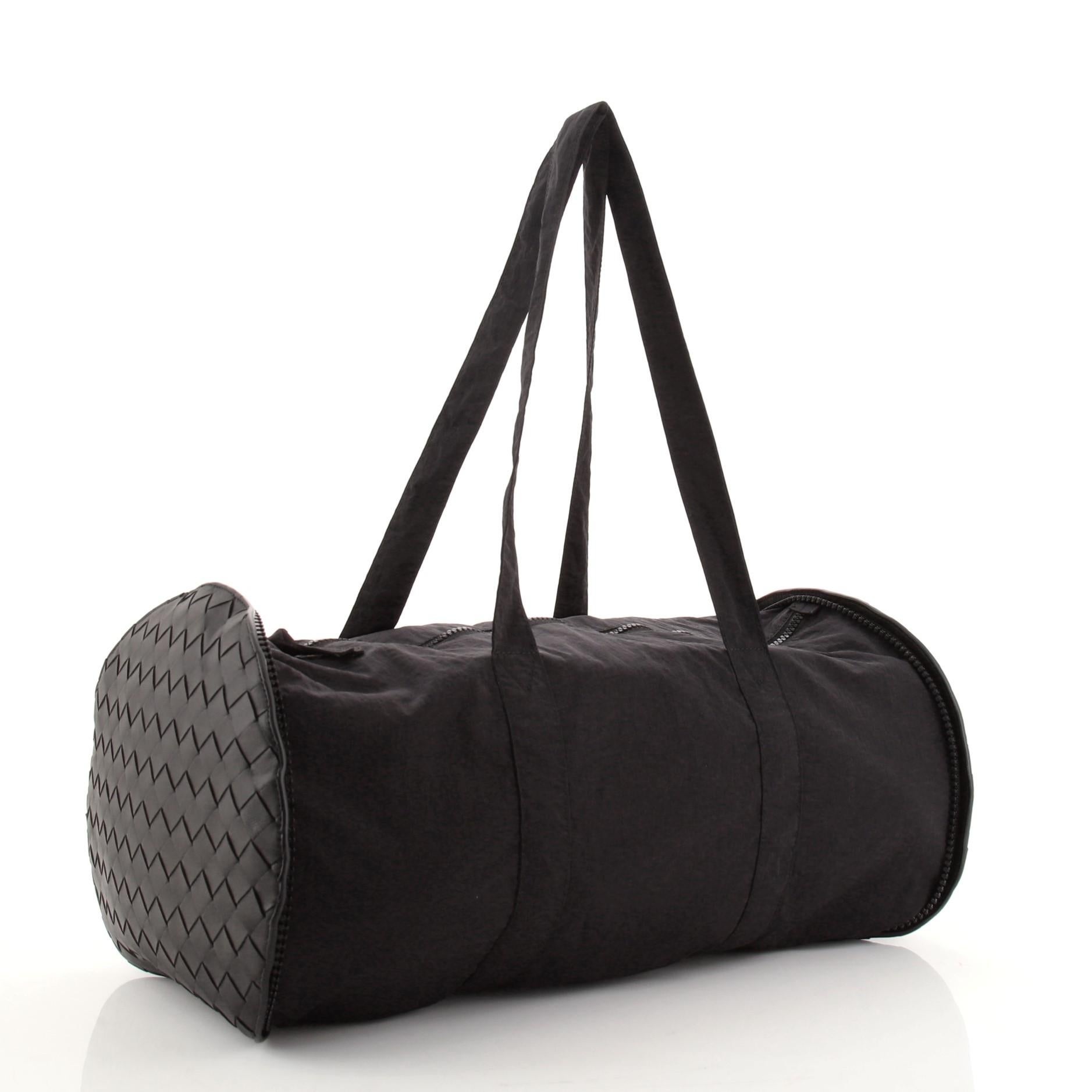 Black Bottega Veneta Packable Zip Duffle Bag Nylon with Intrecciato Nappa Large