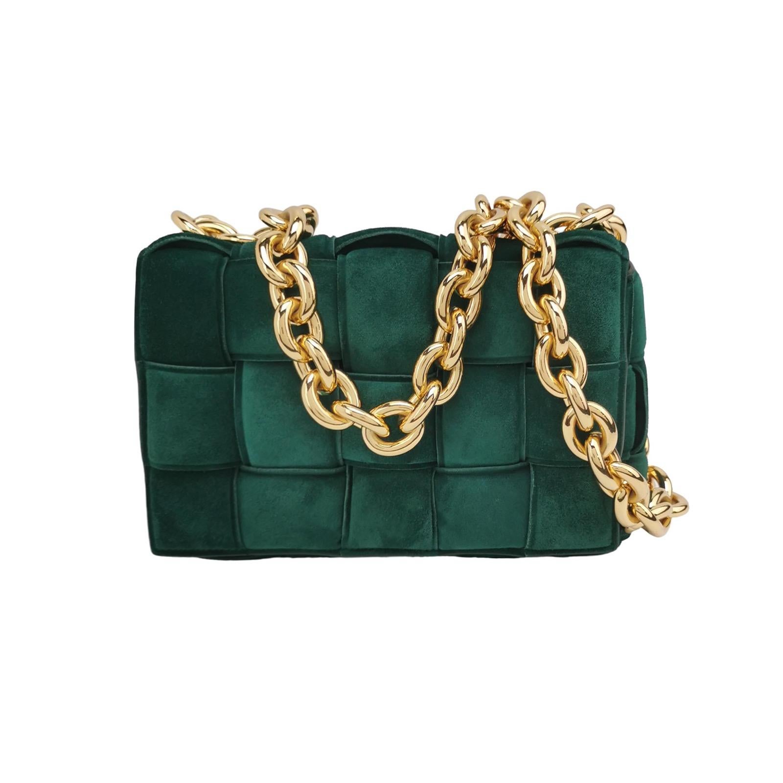 Bottega Veneta Cassette acolchado Piel de ante Verde oscuro Cadena dorada en venta