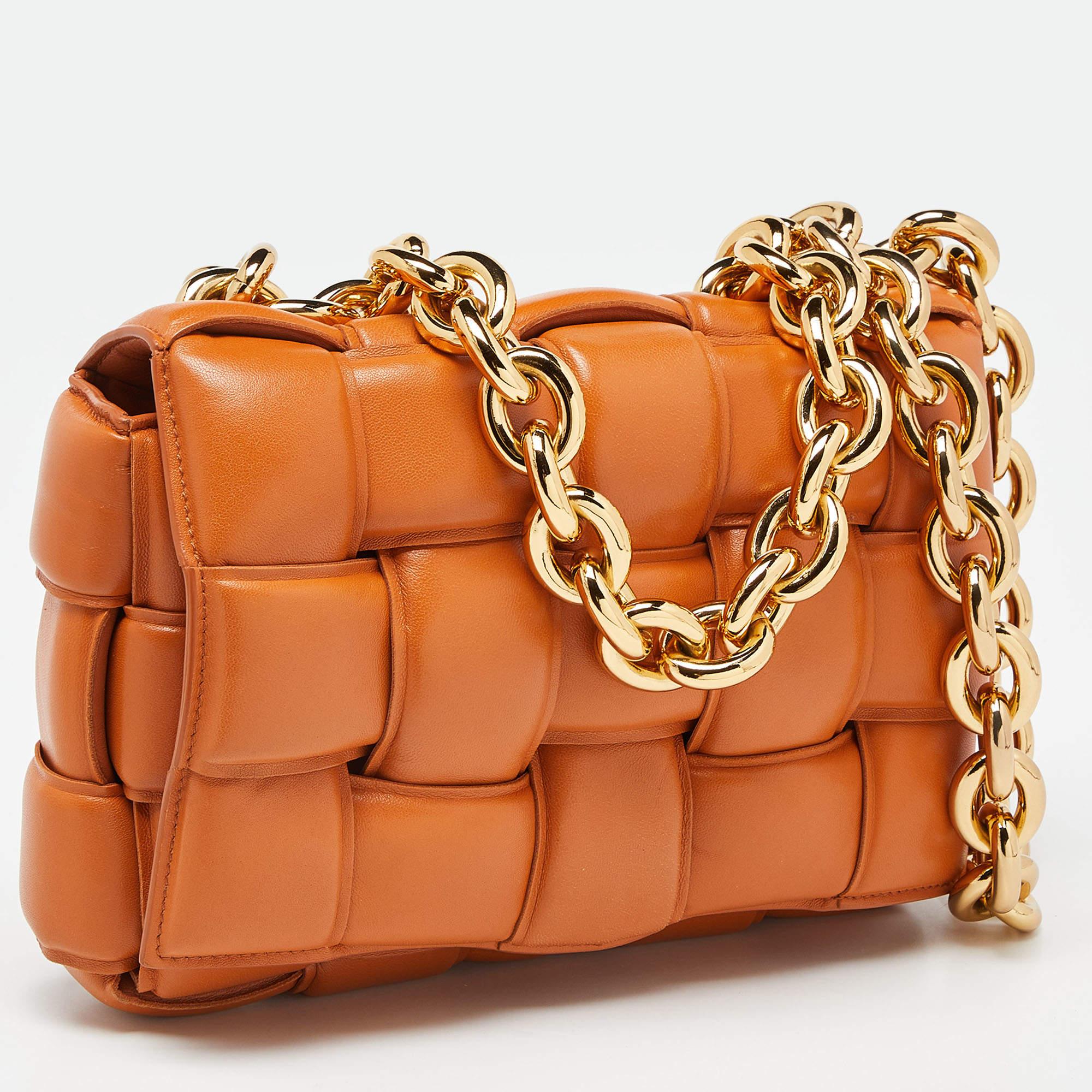 Bottega Veneta Pale Orange Leather Chain Cassette Top Handle Bag For Sale 8