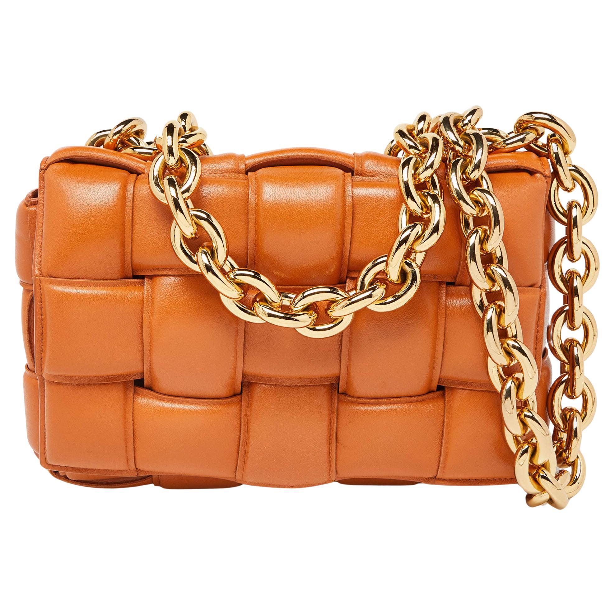 Bottega Veneta Pale Orange Leather Chain Cassette Top Handle Bag For Sale