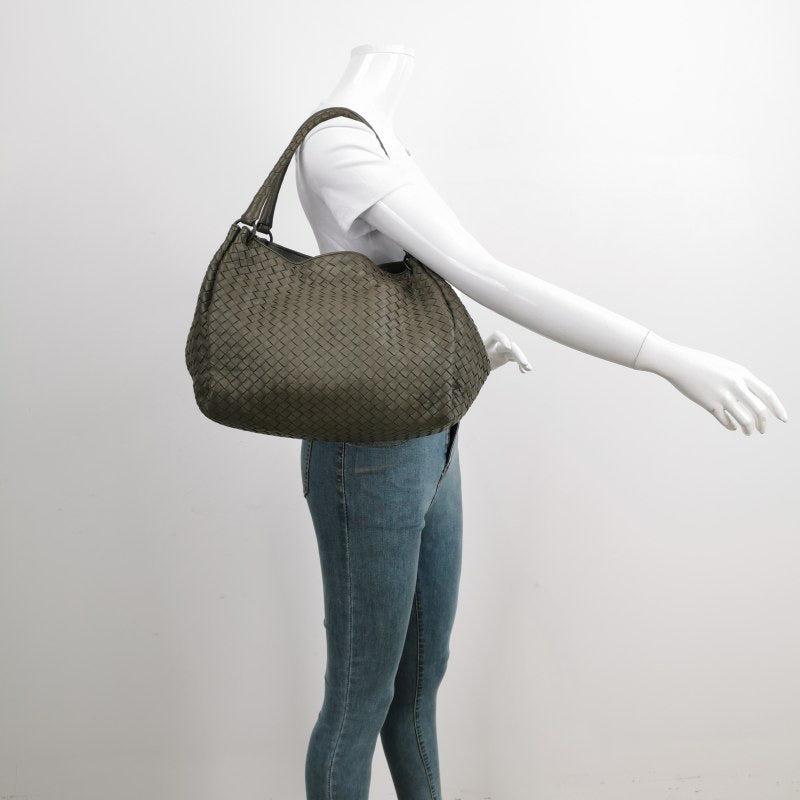 Bottega Veneta Parachute Shoulder Bag Intrecciato Dark Green 33cm
 These are professional photos of the actual bag.
 Condition: EXCELLENT
 Light rubbing around the corners. 
 DETAILS:
 
 Bottega Veneta
 Parachute
 Size: Large
 
 Dimensions: Width