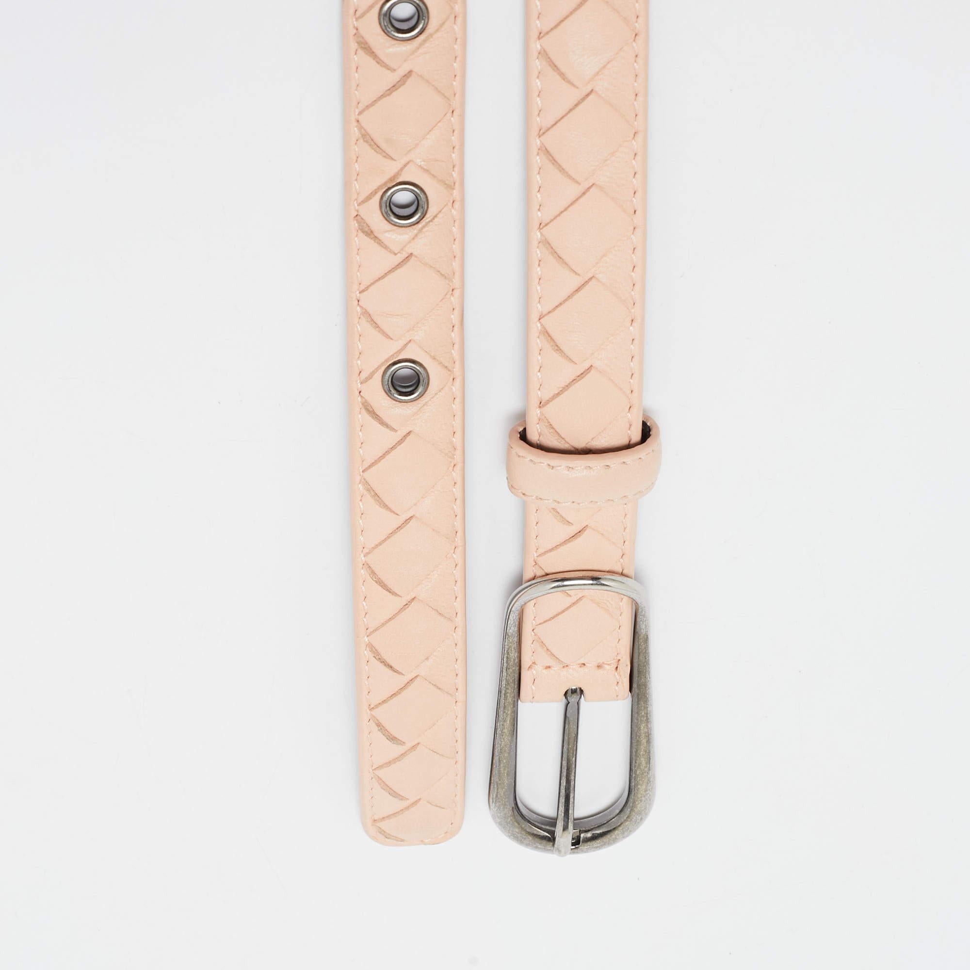 Beige Bottega Veneta Peach Intrecciato Leather Slim Buckle Belt 85 CM