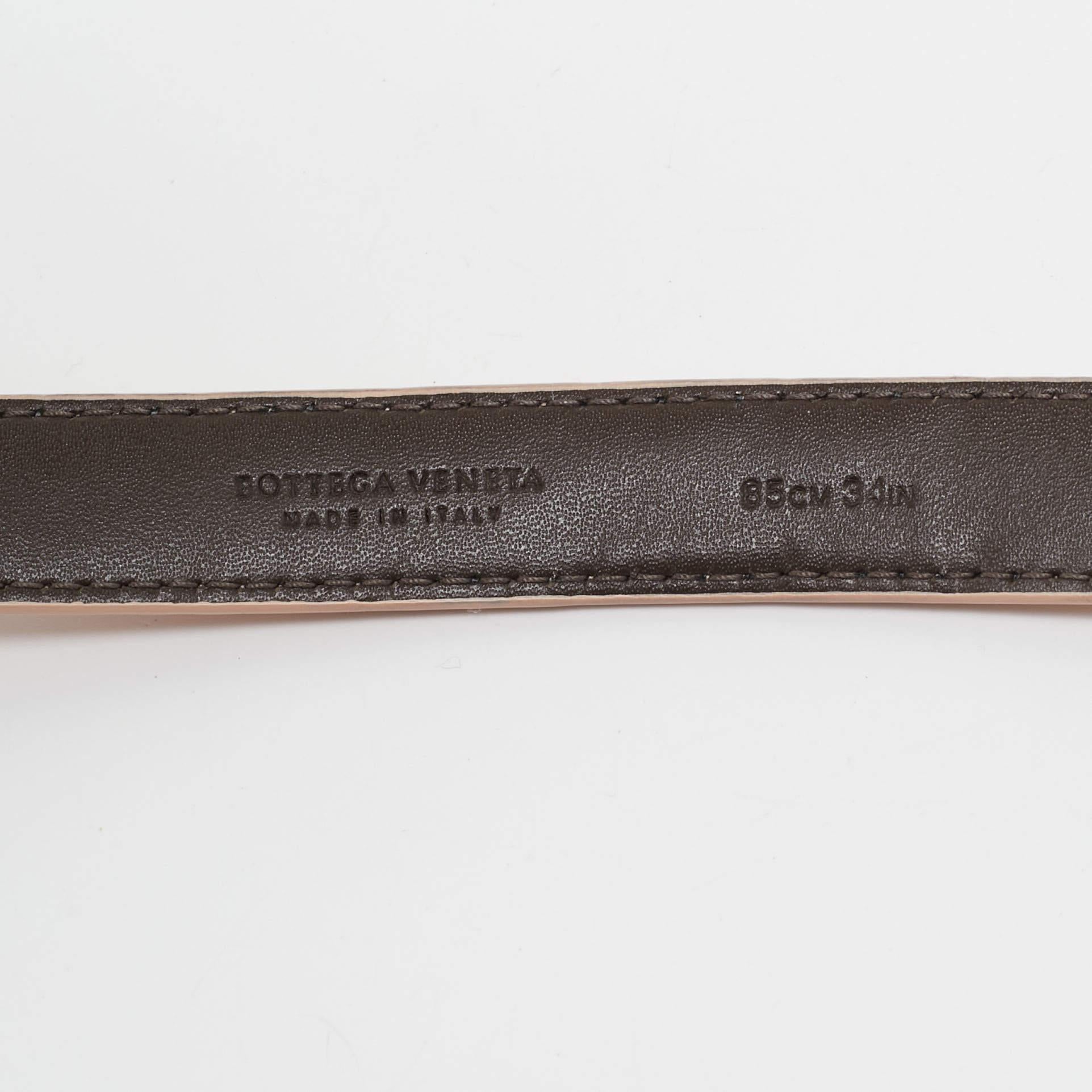 Bottega Veneta Peach Intrecciato Leather Slim Buckle Belt 85 CM In Excellent Condition In Dubai, Al Qouz 2