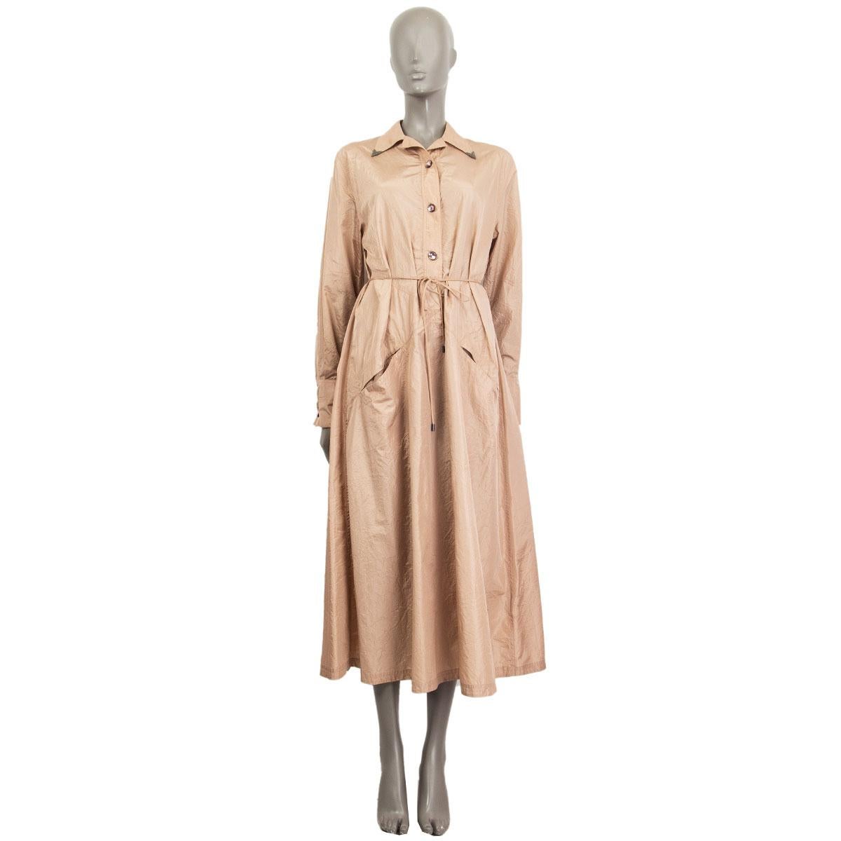 100% authentic Bottega Veneta lightweight washed silk taffeta tunic dress embellished with rose pink jewel snaps, carved metal inserts at pointed collar, two front welt pockets, extra long sleeves and coordinating silk tie belt. Unlined. has been