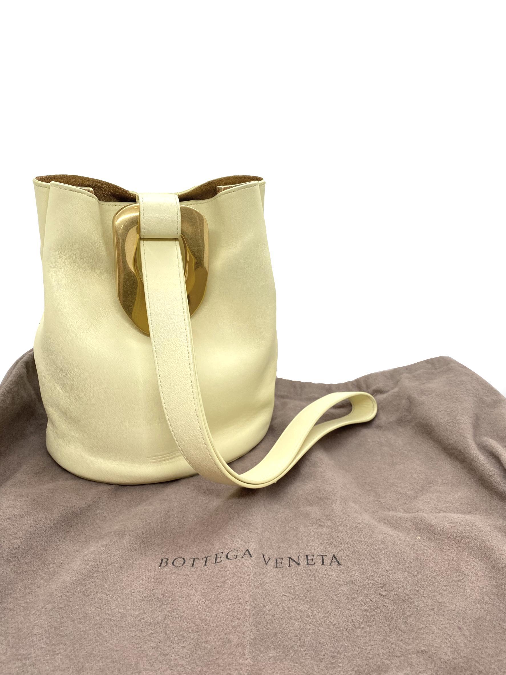 Bottega Veneta Petite Lambskin Ice Cream Drop Bucket Bag, circa 2019. This contemporary piece of fashion that was introduced for the Fall 2019 line from iconic fashion house Bottega Veneta is currently sold out and unavailable in the United States