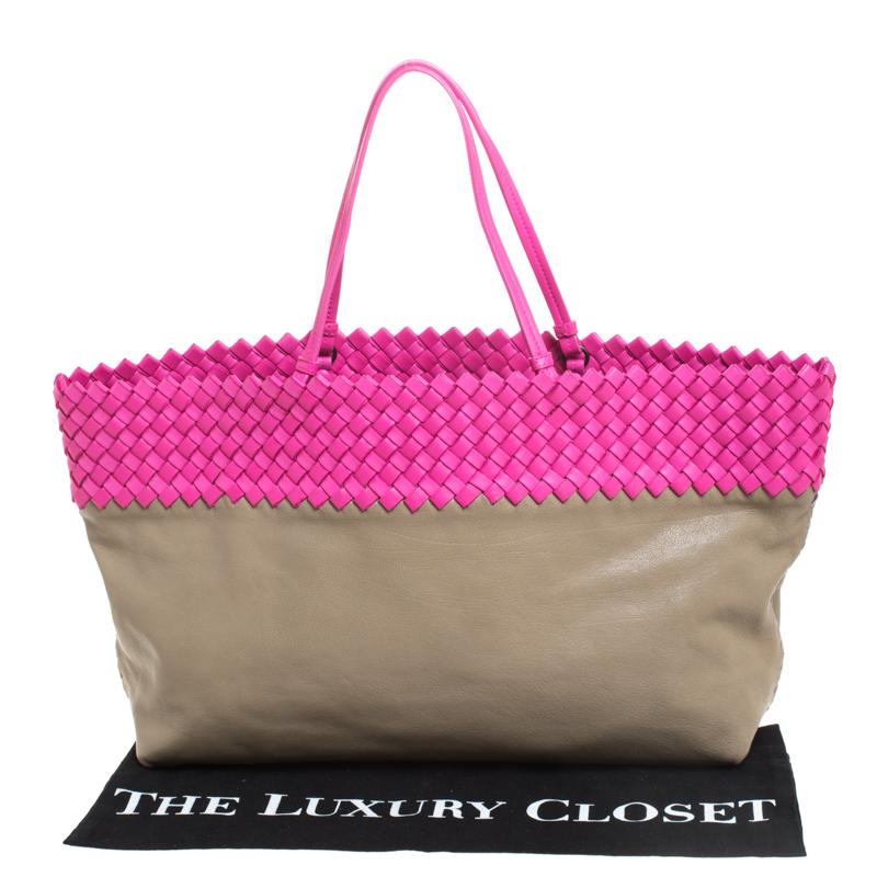 Bottega Veneta Pink/Beige Top Woven Leather Shopper Tote 3