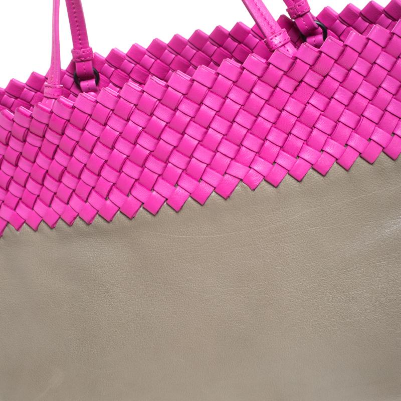 Bottega Veneta Pink/Beige Top Woven Leather Shopper Tote 4
