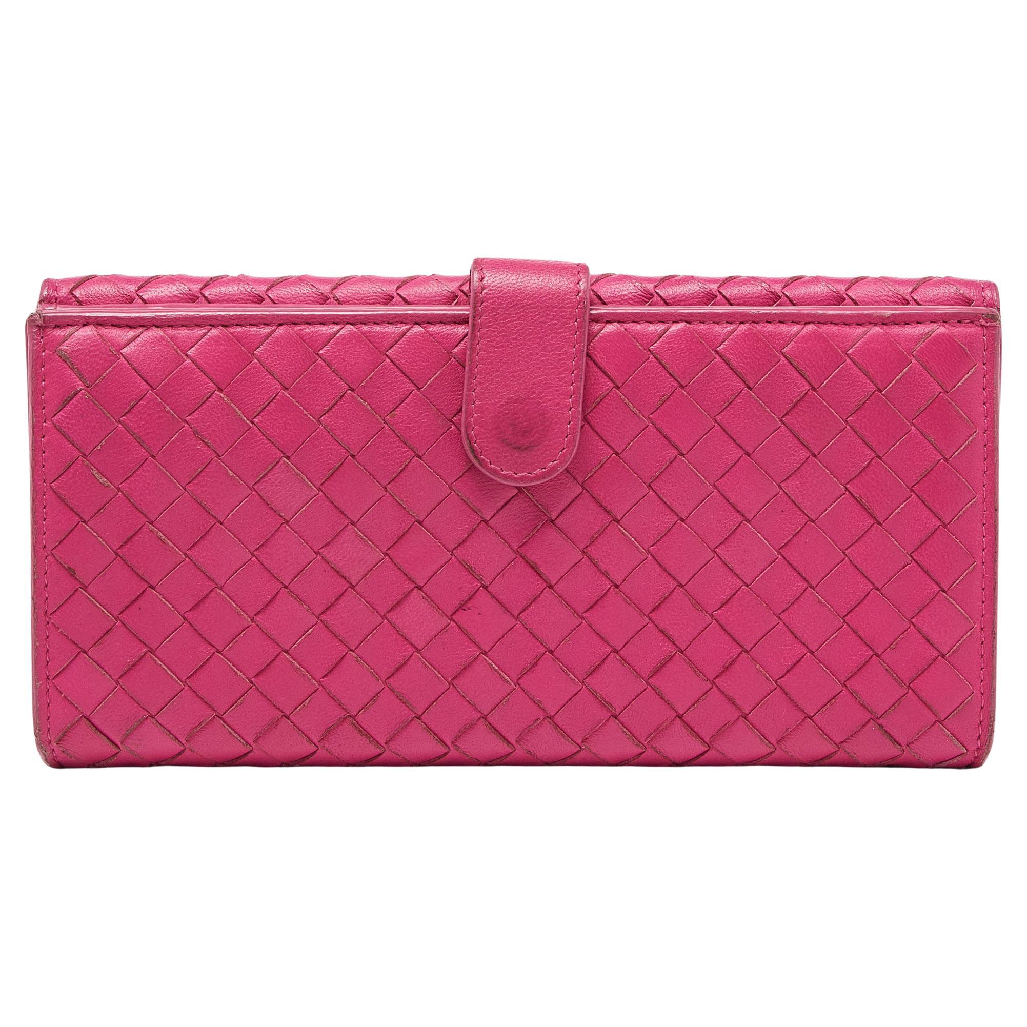 Bottega Veneta Pink Intrecciato Leather Flap Continental Wallet For Sale