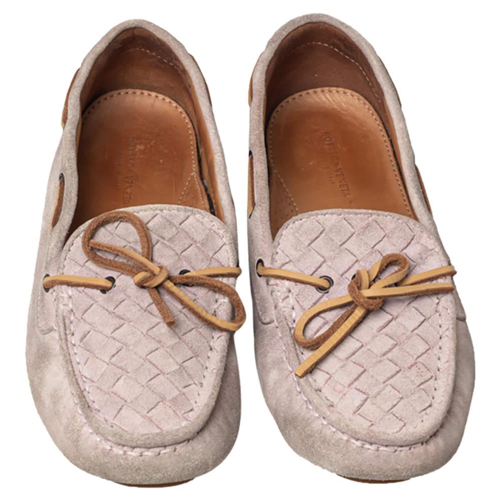 Brown Bottega Veneta Pink Intrecciato Suede Bow Slip On Loafers Size 37