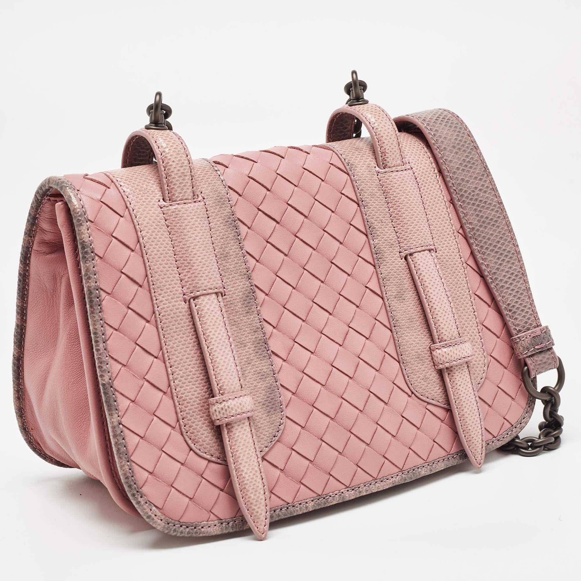 Bottega Veneta Pink Karung and Intrecciato Leather Flap Crossbody Bag For Sale 10