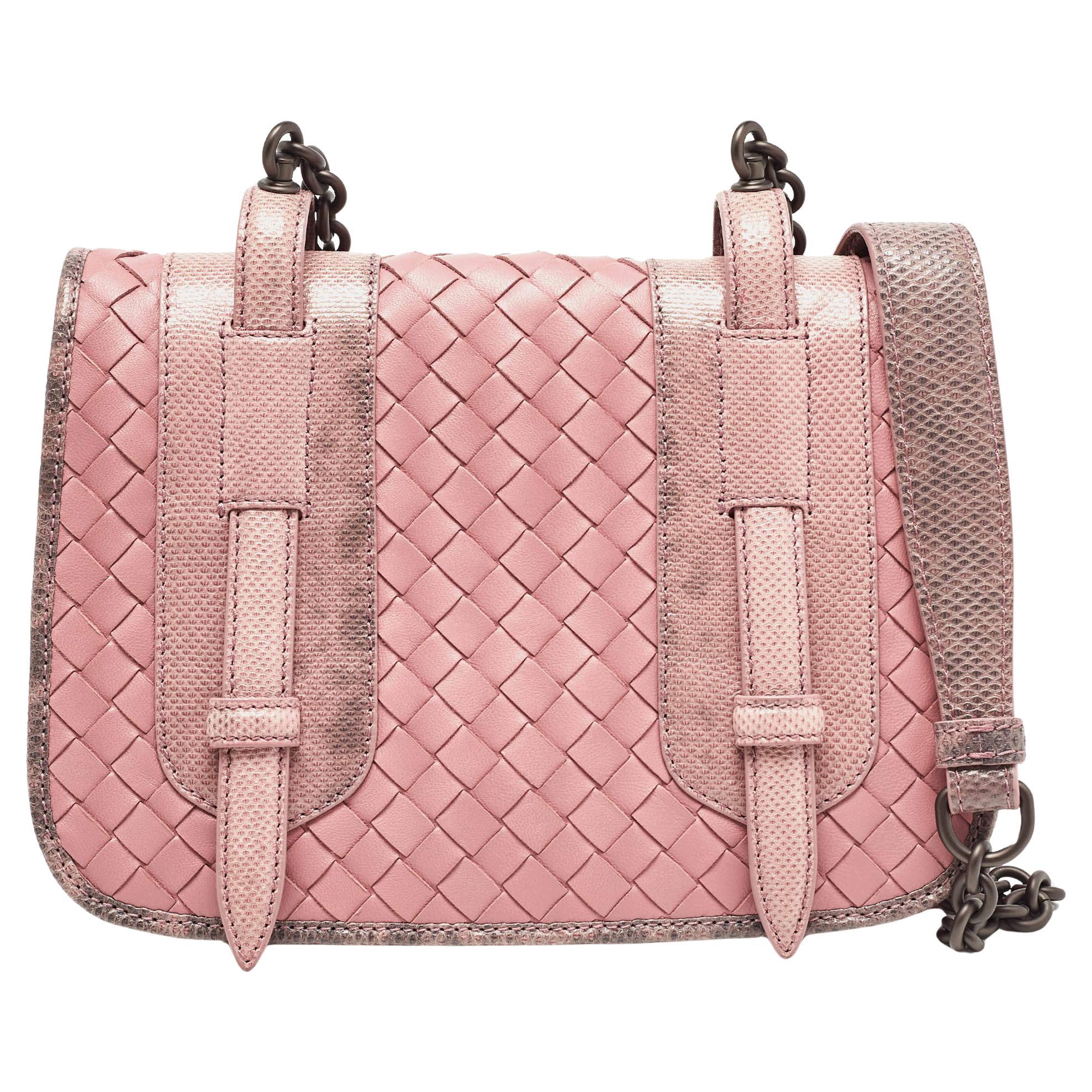 Bottega Veneta Pink Karung and Intrecciato Leather Flap Crossbody Bag