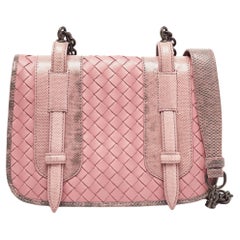 Bottega Veneta Pink Karung and Intrecciato Leather Flap Crossbody Bag