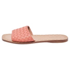 Bottega Veneta Pink Leather Intrecciato Flat Slides Size 37.5