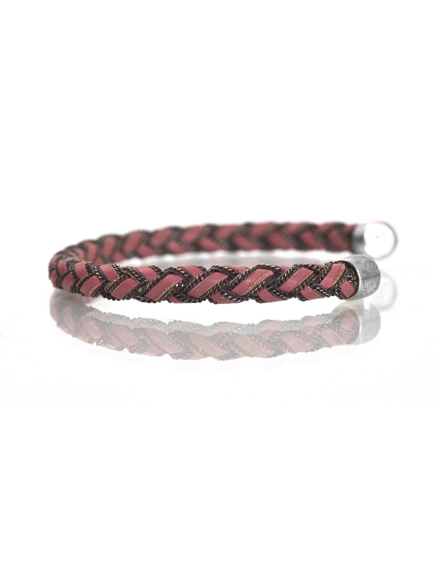 Bottega Veneta Pink Leather & Sterling Silver Braided Chain Cuff Bracelet In Excellent Condition In New York, NY